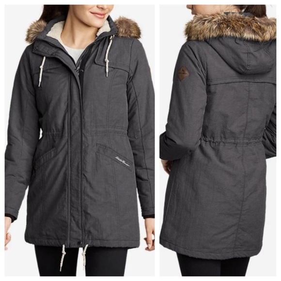 EDDIE BAUER Ladder Creek High-Pile Women's Gray Parka Faux Fur Hood Cinch Waist - Picture 1 of 16